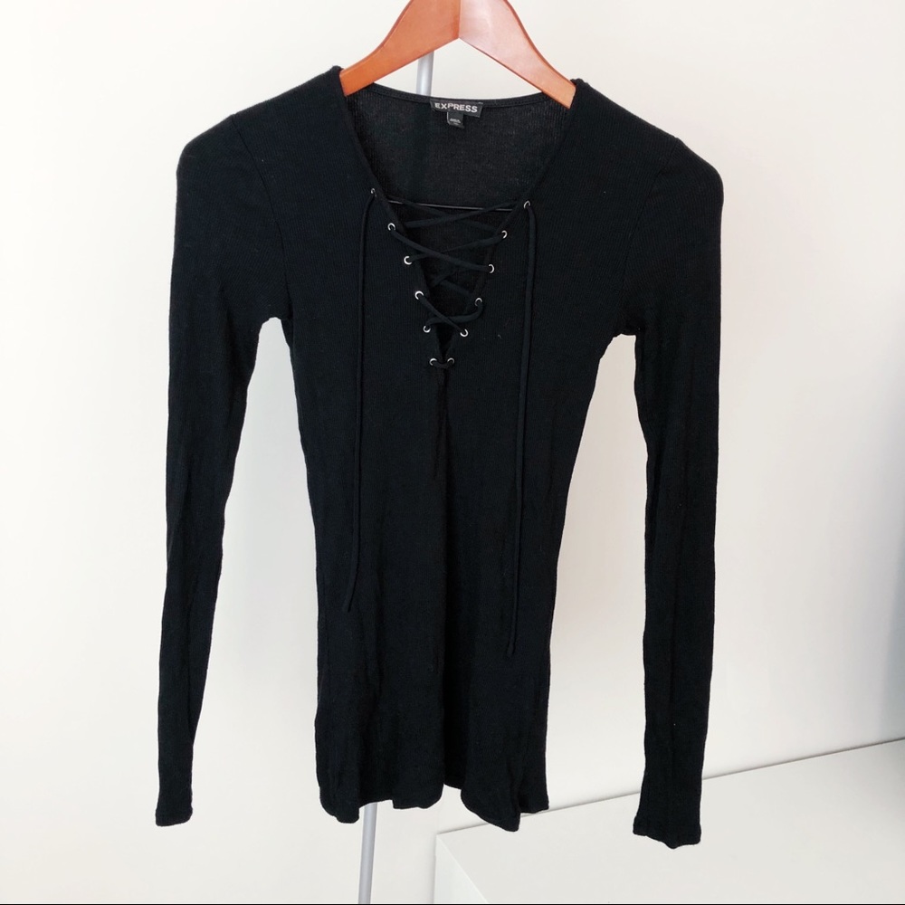 NWOT Express Black Ribbed Long Sleeved Lace Up Top